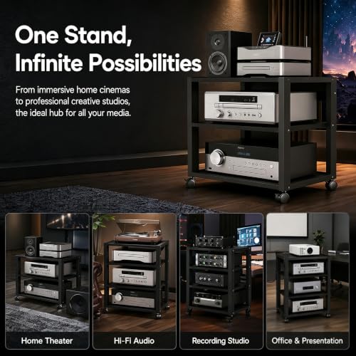 4 Tier Audio Rack Tower, CD Record Player Stereo Receiver AV Equipment Cabinet Display Rack, Weight Capacity 661 lbs, with Adjustable Wooden Shelves for Home (4 Tier Black) - size: 4 Tier Black