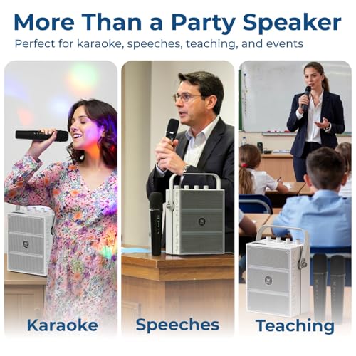 100W Bluetooth Speaker with 2 Wireless Microphones S99 | Powerful Voice Amplifier, Portable Karaoke Machine for Adults, PA System for Home Entertainment, Party, Teaching & Events - color: White