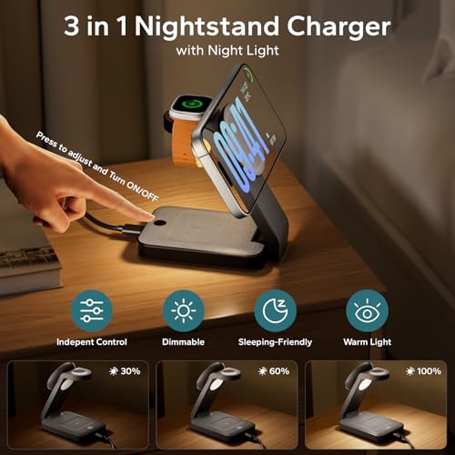 Eazpower 3 in 1 Foldable Wireless Charging Station for MagSafe, Nightstand Magnetic Charger Stand for iPhone 17 16 15 14 Pro Max, Travel Charging Dock with Night Light for Apple Watch/AirPods (Black) - color: Black
