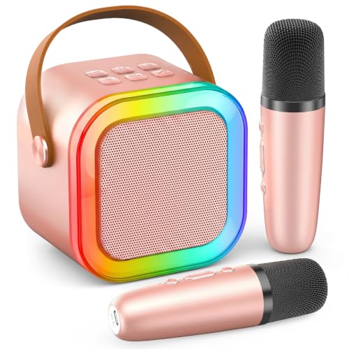 Mini Karaoke Machine, Portable Bluetooth Speaker & 2 Wireless Microphones | Karaoke Player Karaoke Microphone For Family Home Party Outdoor With HI-FI Sound | 5 Magic Sound | PA System | USB | TF | AUX - color: Rose Gold