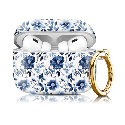 Compatible with Airpod pro 2nd/1st Generation Case Cover with Gold Round Keychain Cute Pattern Hard & Anti Slip Cover for Men Women & Girls（Blue and White） - color: Blue and White