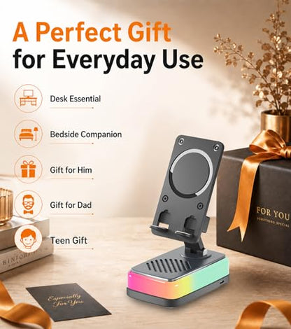 Induction Speaker Phone Stand, Desktop Holder Compatible with iPhone Android Tablet, Portable Bluetooth 5.3 Speaker, USB Emergency Charge, Tech Gifts for Men Women Birthday