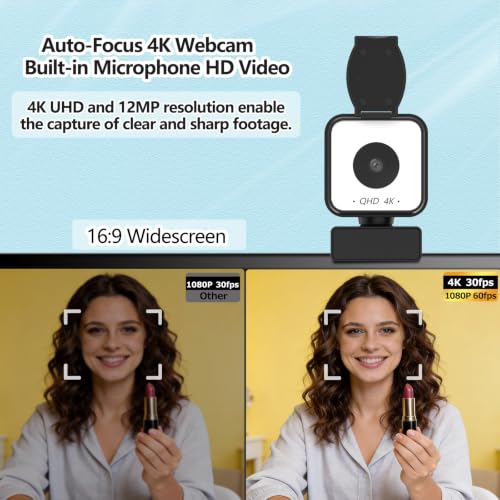 4K USB Webcam with Dual Microphones, 9X Hybrid Zoom | Auto Light Correction, 86° Wide Angle for Video Conferencing, Live Streaming, Remote Work, Compatible with PC Desktop Laptop