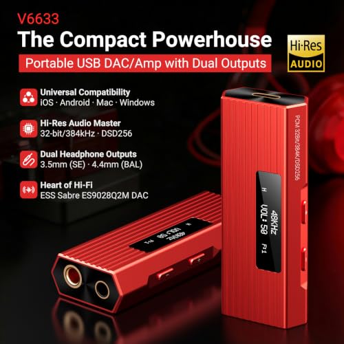 USB C DAC Headphone Amplifier, ES9028Q2M Portable HiFi DAC Amp, DSD256/PCM 384kHz 32Bit, 4.4mm Balanced & 3.5mm Outputs, USB DAC for iPhone 15/16, Android Phone, PC, Mac