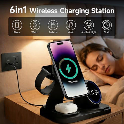 6-in-1 Wireless Charging Station with 30W Fast Adapter, RGB Ambient Light, Digital Clock & Bluetooth Speaker, Multi-Function Desktop Charger for Wireless Charging Phones, Earbuds & Watch - color: Black