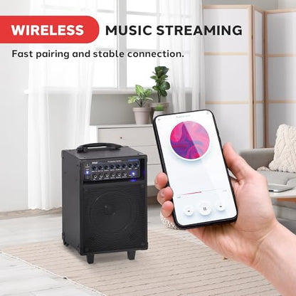 Pyle Wireless Portable PA System-400W Bluetooth Compatible Rechargeable Battery Powered Outdoor Sound Stereo Speaker Microphone Set w/Handle, Wheels-1/4 to AUX, RCA Cable (PWMA230BT) - size: 8 inch