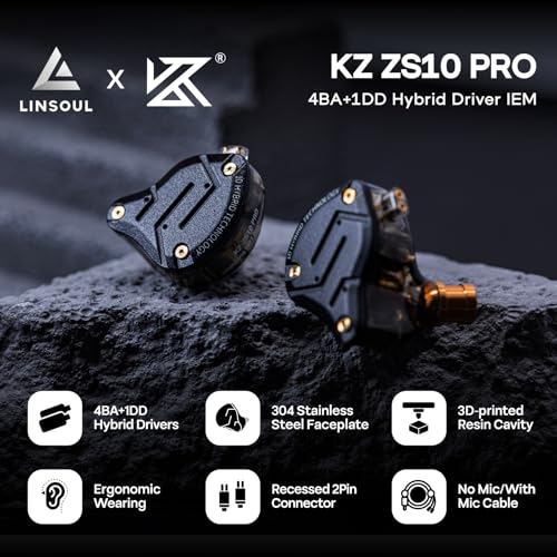 Linsoul KZ ZS10 Pro, 4BA+1DD 5 Driver in Ear Monitor, HiFi Wired Earbuds, Gaming Earbuds, Hybrid IEM Earphones with Stainless Steel Faceplate, Detachable Cable for Musician(Without Mic, Dark Black) - color: Dark Black, style: Without Mic