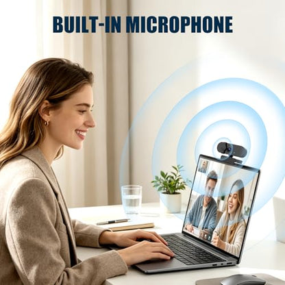 1080P 30FPS Webcam for PC, Auto Light Correction, Fixed Focus | Built-in Mic, Privacy Cover, 90° Wide-Angle Lens, A-to-C Adapter, Plug&Play for Zoom, Microsoft Teams, Video Conferencing