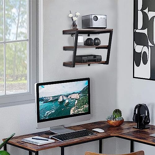 LUCKUP Floating Wall Shelves Wall Mounted Projector Shelf Wood AVMedia Stand with 3 Shelves, Entertainment Center with Strengthened Metal Steel Frame - size: 3-Tier without Cable-Friendly Edge