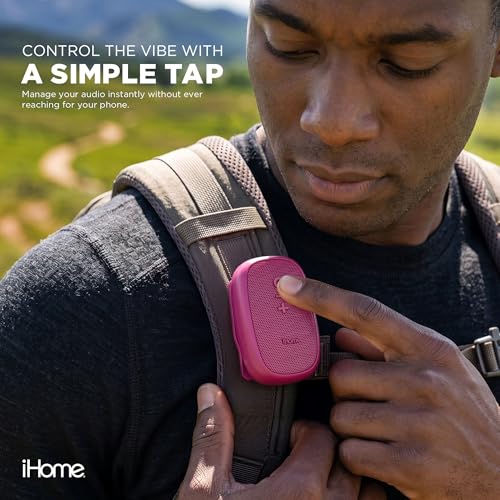 iHome Nano Clip-On Wireless Bluetooth Speaker with Magnetic Clip | Bluetooth 5.3, IPX6 Water-Resistant, Touch Controls, 5W, 2.5-hr Playtime, Charging Cable Included, Rechargeable Battery - color: Pink