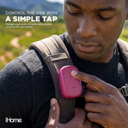 iHome Nano Clip-On Wireless Bluetooth Speaker with Magnetic Clip | Bluetooth 5.3, IPX6 Water-Resistant, Touch Controls, 5W, 2.5-hr Playtime, Charging Cable Included, Rechargeable Battery - color: Pink
