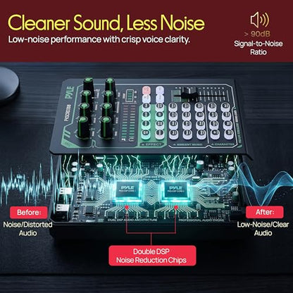 Pyle Pro Live Broadcast Sound Card | Rechargeable Mixer Kit w/ Condenser Mic | 8 Voice FX - 12 Presets | DSP Noise Reduction | Dual Mic Inputs | Solo Mode | Streaming, Podcasting, Gaming - PKSCRD308