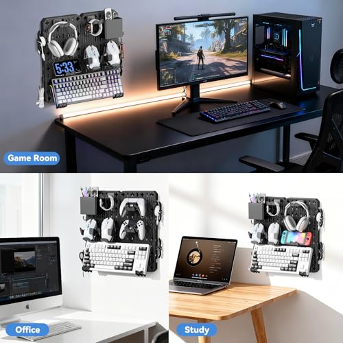 KDD Keyboard and Mouse Display Stand Holder, Wall Mount Office Organization Pegboard Combination Kit with Pen holder, Hooks, Headset & Controller Stand for Office & Home Hanging Organizer Storage