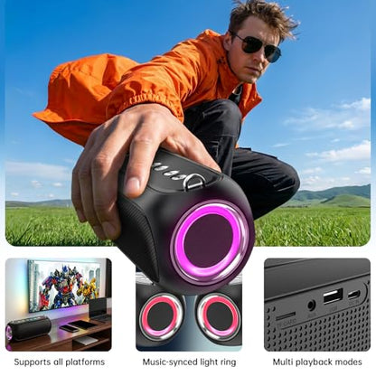 TWS 및 RGB 조명이 있는 휴대용 블루투스 스피커, 블루투스 5.3/TF/AUX/USB 재생, 긴 배터리 수명 빠른 충전, 야외 캠핑 해변 자전거용 조절 가능한 스트랩