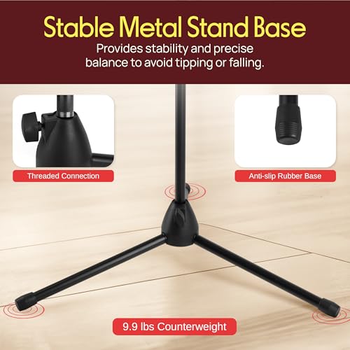 Pyle Tripod Mic Stand, Adjustable Gooseneck Microphone Stand, Sturdy Build, Non-Slip Rubber Feet, Folds Flat for Compact Storage, Includes Mic Clip & 5/8" Adapter, 52.36" to 79.13" Inch