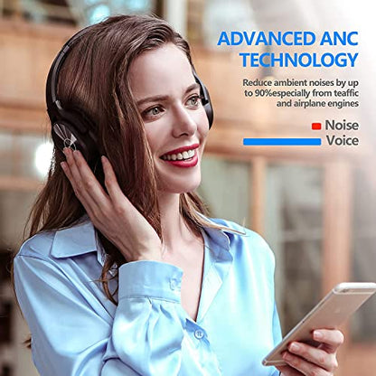 ZIHNIC Active Noise Cancelling Headphones, 40H Playtime Wireless Bluetooth Headset with Deep Bass Hi-Fi Stereo Sound,Comfortable Earpads for Travel/Home/Office (Black) - color: Full black