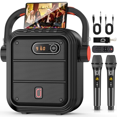JYX Karaoke Machine with 2 Wireless Microphones, Portable Bluetooth Speaker PA System with Shoulder Strap, Subwoofer Support TWS, USB, Radio, AUX, REC, Bass&Treble for Home Party/Meeting/Adults/Kids - color: Black
