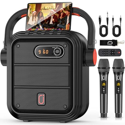 JYX Karaoke Machine with 2 Wireless Microphones, Portable Bluetooth Speaker PA System with Shoulder Strap, Subwoofer Support TWS, USB, Radio, AUX, REC, Bass&Treble for Home Party/Meeting/Adults/Kids - color: Black