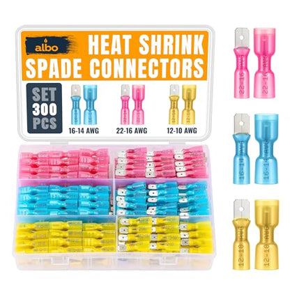 ALBO 300 Pcs Heat Shrink Male and Female Spade Connector Kit, 22-10 AWG | Matched Quick-Disconnect Pairs, Secure Fit Helps Prevent Loose and Exposed Wiring - color: Spade Set 300pcs 22-10 AWG