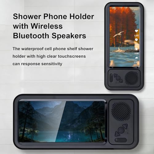 Shower Phones Holder With Speaker, Wall Mount Shower Phone Holder Waterproof, Bathroom Accessories, Waterproof Phone Case, 360° Rotation, Retractable Adjustable Bathroom Case Mount Shelf (Black) - color: Black