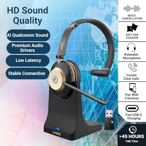 LUXEE Bluetooth Wireless Headset with Microphone for Work - Single Ear Computer Headset with USB Dongle & Charging Base, Noise Canceling Office Headset for Laptop, Zoom, Audifonos con Microfono