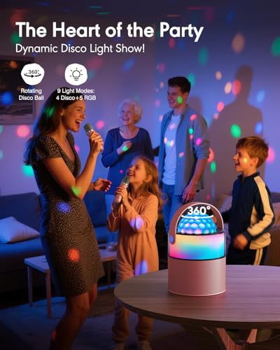 Karaoke Machine with Disco LED Lights for Kids Adults, Mini Portable Bluetooth Speaker with 2 Wireless Microphones, Birthday Gifts for Girls Family Party Basket Stuffers (Pink) - color: Pink