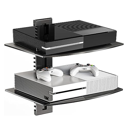 Suptek Glass Floating Shelves, TV Wall Mount with Shelf for DVD Player / PS4 / Cable Boxes/Game Consoles/Sky Box/TV Accessories, Flat Black 2-Tier Wall Mount Bracket - color: Black 2 Tier