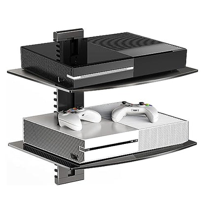 Suptek Glass Floating Shelves, TV Wall Mount with Shelf for DVD Player / PS4 / Cable Boxes/Game Consoles/Sky Box/TV Accessories, Flat Black 2-Tier Wall Mount Bracket - color: Black 2 Tier