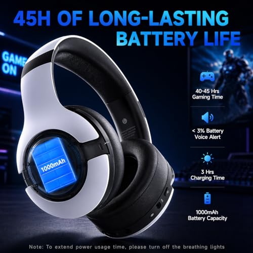 syndesmos Wireless PS5 Headset, 2.4GHz Gaming Headset for PS5, PC, Switch, Bluetooth 5.3 Headphones with Noise Canceling Mic, 7.1 Surround Sound, Low-Latency, 45H Battery, White - color: White
