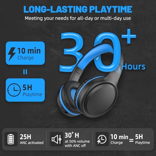 UKELALA U2B ANC Wired & Wireless Bluetooth 6.0 Headphones Foldable with Mic | Up to 30 Hrs Battery, Noise Canceling Foldable Lightweight Head phones with Volume Control‌ for Kids Adult School Black Blue - color: Blue/Black