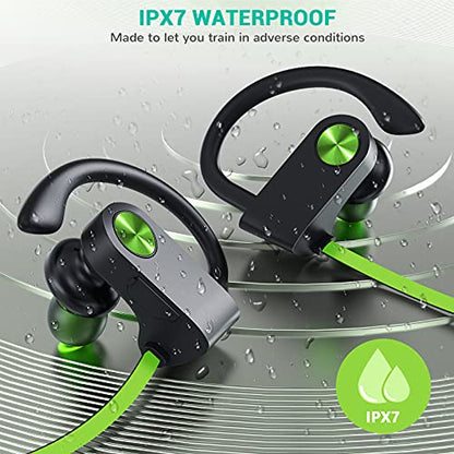 Fitniv Bluetooth Headphones, IPX7 Waterproof Wireless Sport Earbuds in-Ear, HiFi Bass Stereo Running Headphones with Noise Canceling Mic for Workout Fitness Gym, Up to 10 Hours Playtime, GreenBlack