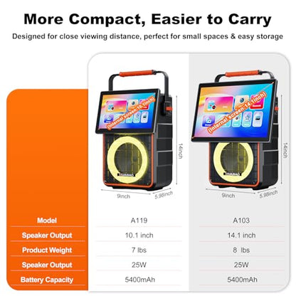 Portable Karaoke Machine with 10.1” Rotatable HD Screen, Wireless Screen Mirroring for iOS & Android, Bluetooth Speaker with Lyrics Display, PA System with 2 Wireless Microphones & LED Lights for Home - size: A119