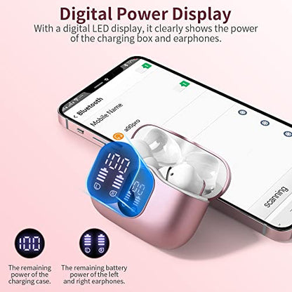 Wireless Earbuds Bluetooth 5.3 Headphones Bass Stereo Ear Buds with Noise Cancelling Mic LED Display in Ear Earphones IP7 Waterproof 36H Playtime for Laptop Pad Phones Sports Workout Pink Gold | Ear Buds with Noise Cancelling Mic LED Display, 36H, IP7 Wat
