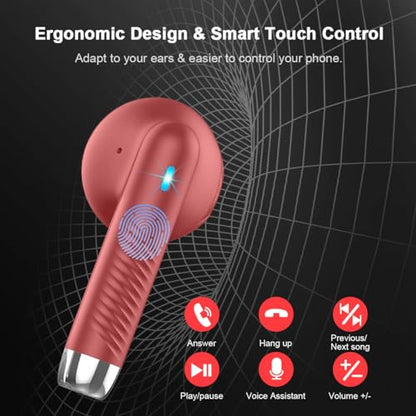 Wireless Earbuds, Bluetooth 5.4 Headphones in Ear with Noise Cancelling Mic, Bluetooth Earbuds Stereo Bass, IP7 Waterproof Sports Earphones, 32H Playtime USB C Charging Ear Buds Red for Android iOS | Bluetooth Earbuds Stereo Bass, IP7 Waterproof Sports Ea