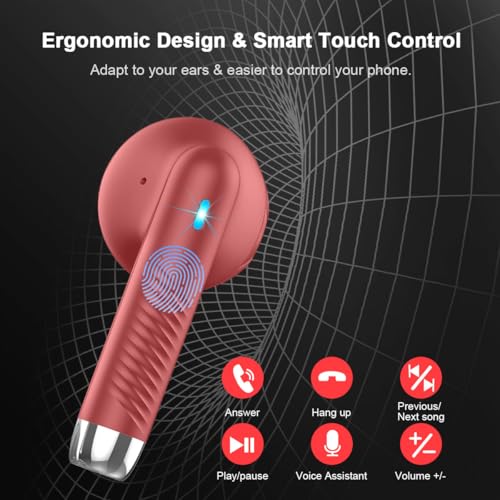 Wireless Earbuds, Bluetooth 5.4 Headphones in Ear with Noise Cancelling Mic, Bluetooth Earbuds Stereo Bass, IP7 Waterproof Sports Earphones, 32H Playtime USB C Charging Ear Buds Red for Android iOS | Bluetooth Earbuds Stereo Bass, IP7 Waterproof Sports Ea