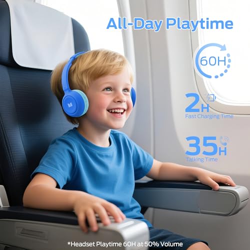 Monster Cute SK100 Kids Bluetooth Headphones, 85/94dB Safe Volume Limited, 60 Hours Playtime, Bluetooth 6.0, On-Ear Toddler Headsets with Built-in Mic, Lightweight Wireless Headphones for Kids, Blue