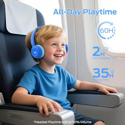 Monster Cute SK100 Kids Bluetooth Headphones, 85/94dB Safe Volume Limited, 60 Hours Playtime, Bluetooth 6.0, On-Ear Toddler Headsets with Built-in Mic, Lightweight Wireless Headphones for Kids, Blue