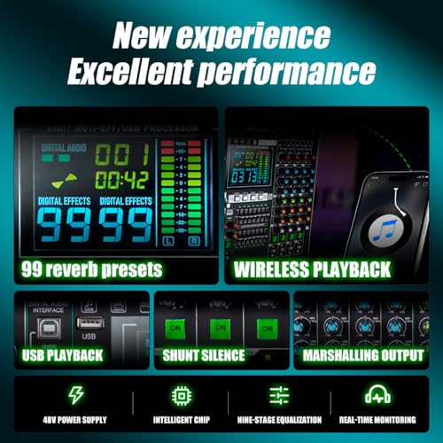 MD-14 14-Channel large-scale Professional Stage DJ Audio Mixer | 99 DSP Effects, LED Display, 48V Power, 9-Band EQ, Bluetooth & USB Playback , Noise Reductio, for Studio, Bar DJ