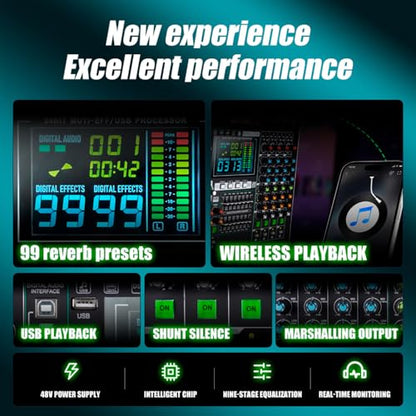 MD-14 14-Channel large-scale Professional Stage DJ Audio Mixer | 99 DSP Effects, LED Display, 48V Power, 9-Band EQ, Bluetooth & USB Playback , Noise Reductio, for Studio, Bar DJ