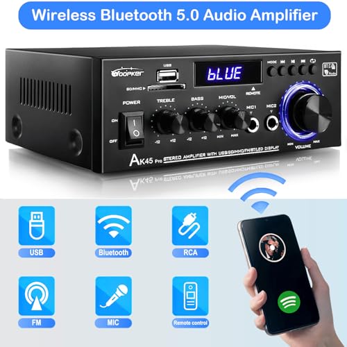 AK45 Pro Stereo Amplifier Home Audio, Stereo Receivers with Bluetooth 5.0,Max 400W, 2.0 Channel Audio Receiver for Home Theater Speakers w/USB/SD/RCA/2 MIC in for Karaok - size: AK45 pro