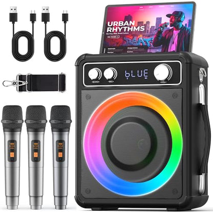 VOSOCO Karaoke Machine, Bluetooth Speaker with 3 Rechargeable Microphones | 2026 Portable PA System for adults with LED Light, Supports TWS Echo TF USB AUX Inputs for Birthday Home Party Outdoor Travel - size: T03-3 MICS