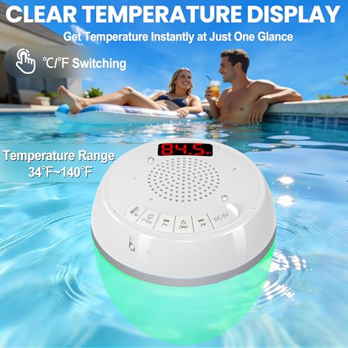 AearKing 3in1 Floating Pool Speaker with Digital Pool Thermometer & Lights | RGB Lights, TWS, IP68 Waterproof, Bluetooth 5.0, 360° Surround Sound, LCD Temperature Display, ABS,USB Charging