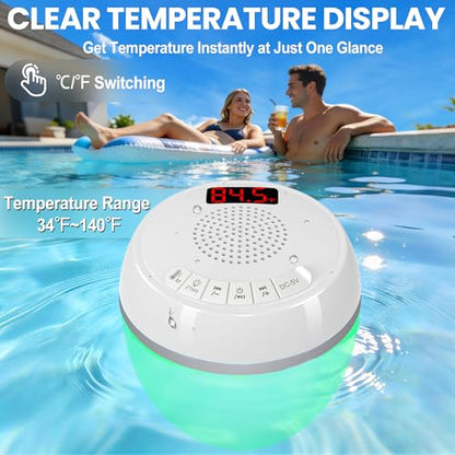 AearKing 3in1 Floating Pool Speaker with Digital Pool Thermometer & Lights | RGB Lights, TWS, IP68 Waterproof, Bluetooth 5.0, 360° Surround Sound, LCD Temperature Display, ABS,USB Charging