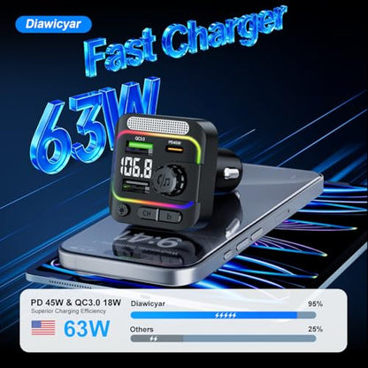 63W FM Transmitter Bluetooth Car Adapter, Wireless FM Bluetooth Transmitter | [PD 45W & QC3.0] Fast Charge, Deep Bass Player, Hands-Free Calling, Black - color: Black