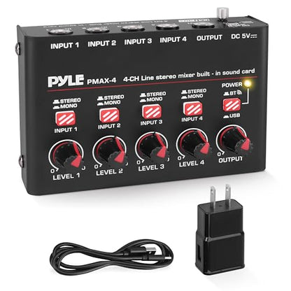 Pyle 4-Channel Bluetooth Mini Line Mixer with USB Audio Interface - 4 Mono/Stereo Switching Inputs | Ultra-low Noise Design with High Headroom | Built-in USB-C Sound Card - PMAX4 - size: 4 Channel