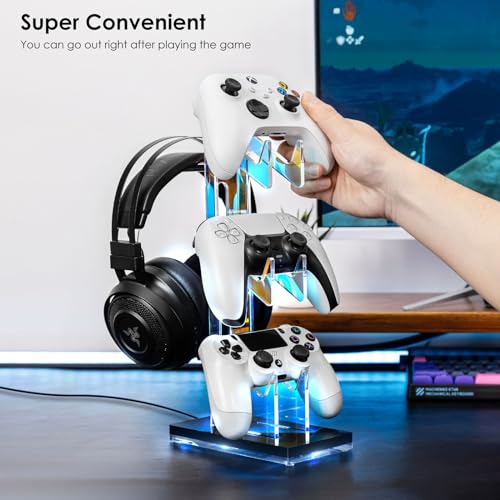 OAPRIRE Controller Holder Headset Stand with Lights, 3 Tier Acrylic Gaming Controller Stand Compatible with PS4, PS5, PC, Switch, Universal Design (Black) - color: Black, size: 3 Tier-Lights