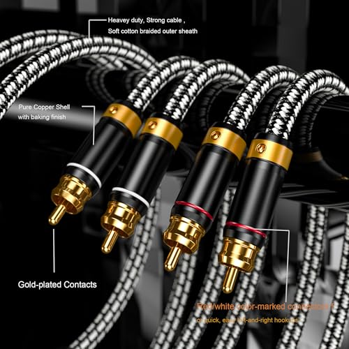 2 RCA to 2 RCA Audio Cable Silvered-Plated OFC Core 24K Gold-Plated Pure Copper Shell Braided for Home Theater HDTV Amplifiers Hi-Fi Systems Speakers and More (2.5FT/0.75m) - size: 2.5 ft