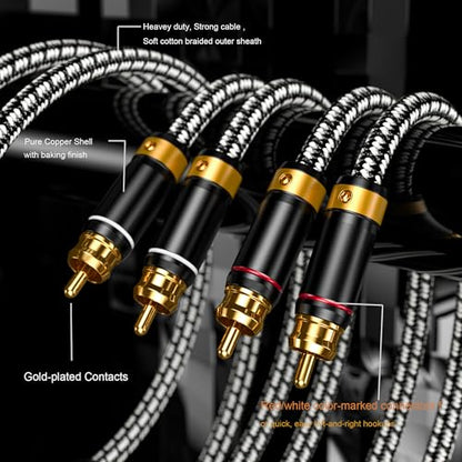 2 RCA to 2 RCA Audio Cable Silvered-Plated OFC Core 24K Gold-Plated Pure Copper Shell Braided for Home Theater HDTV Amplifiers Hi-Fi Systems Speakers and More (6.5FT/2m) - size: 6.5 ft