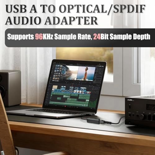 USB to Optical Audio Adapter 24Bit Sample Depth, PC to SPDIF Sound Card Optical Output Compatible with Windows macOS Laptop Computer, Not for TV, Signal Only from USB to Toslink Converter