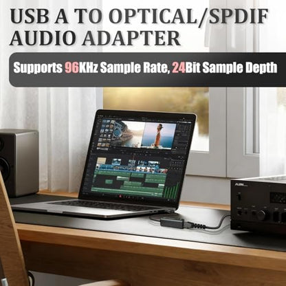 USB to Optical Audio Adapter 24Bit Sample Depth, PC to SPDIF Sound Card Optical Output Compatible with Windows macOS Laptop Computer, Not for TV, Signal Only from USB to Toslink Converter
